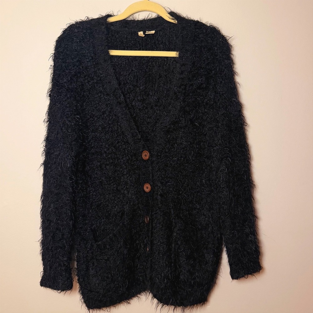 Anthropologie Moth Wool Blend Black Cardigan Sweater V Neck Size Small
